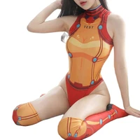 anime asuka langley soryu cosplay bodysuit women sexy bodycon skinny body suit turtleneck sleeveless playsuit romper jumpsuits