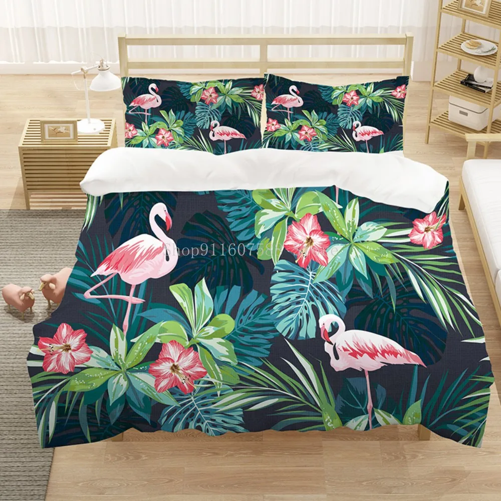 

3D Flamingo With Palm Leaves Bedding Set Fashion Duvet Cover Set Animal Bed Set Bed Linens 210x210cm Twin Full King Size