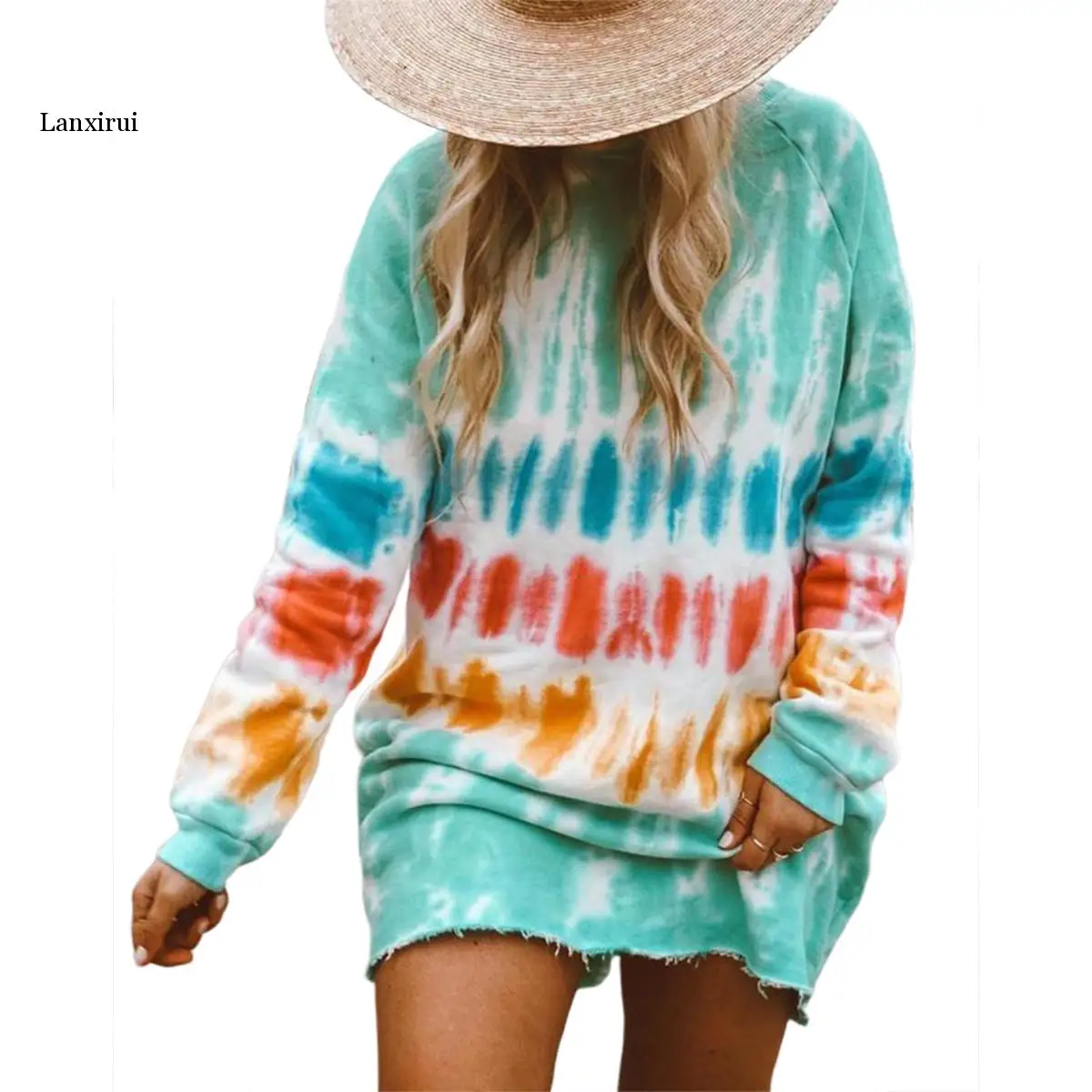 

Casual Rainbow Tie Dye Print Sweatshirt Dress for Women Long Sleeve O-Neck Mini Dress Female Loose Straight Dress