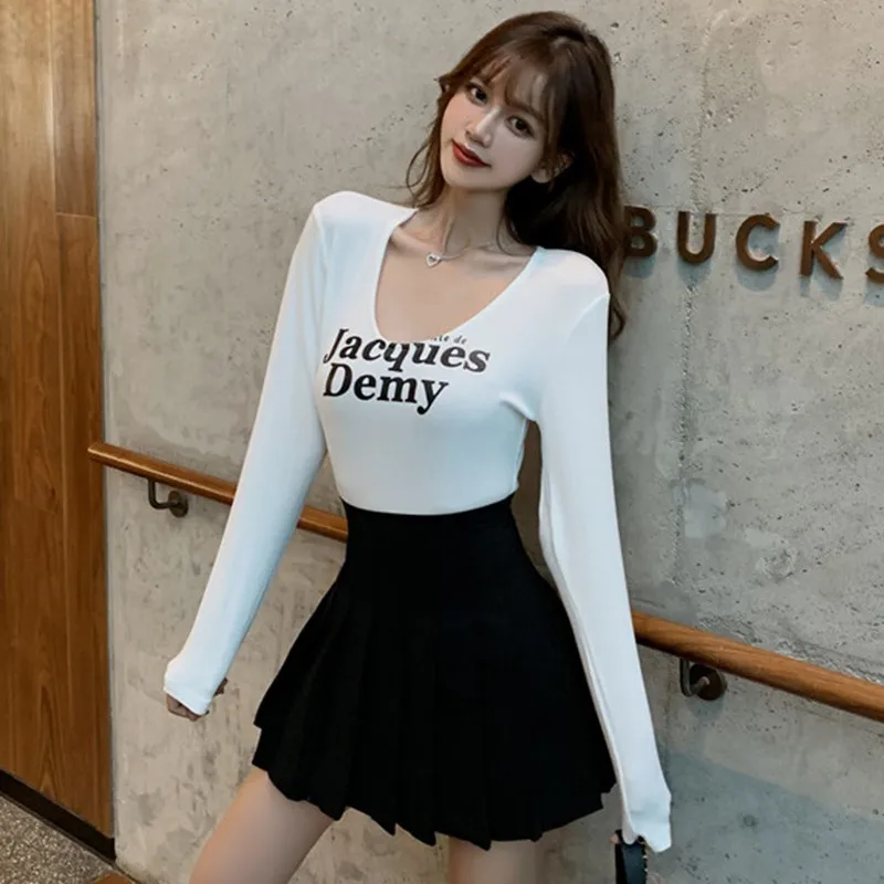 

Autumn t shirt women letter printed long sleeve sexy v neck slim female shirts white black korean style t-shirts