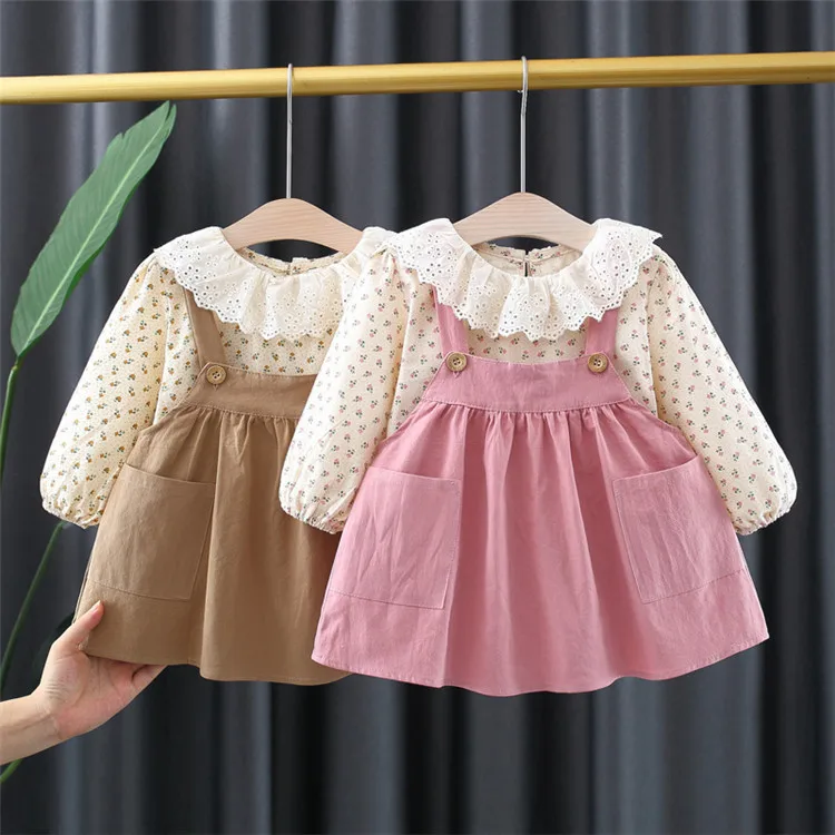

2021 Spring Autumn Clothes For Newborns Lapel Floral Blouse+Strap Skirt With Pockets 2Pcs Baby Girl Clothes