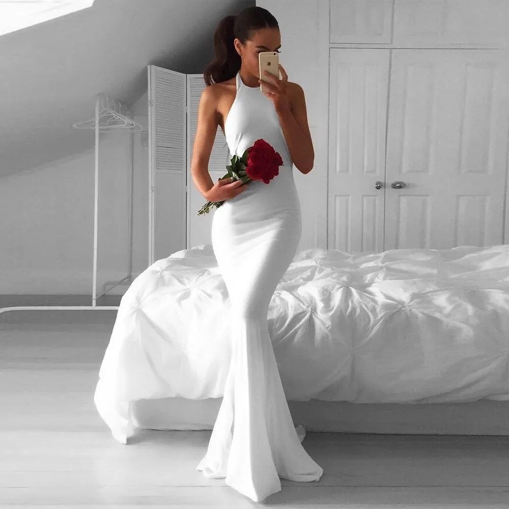 

Simple Cheap White Dresses for Wedding Party Mermaid Spandex Fabric Sleeveless Open Back Halter Bridal Gowns Beach
