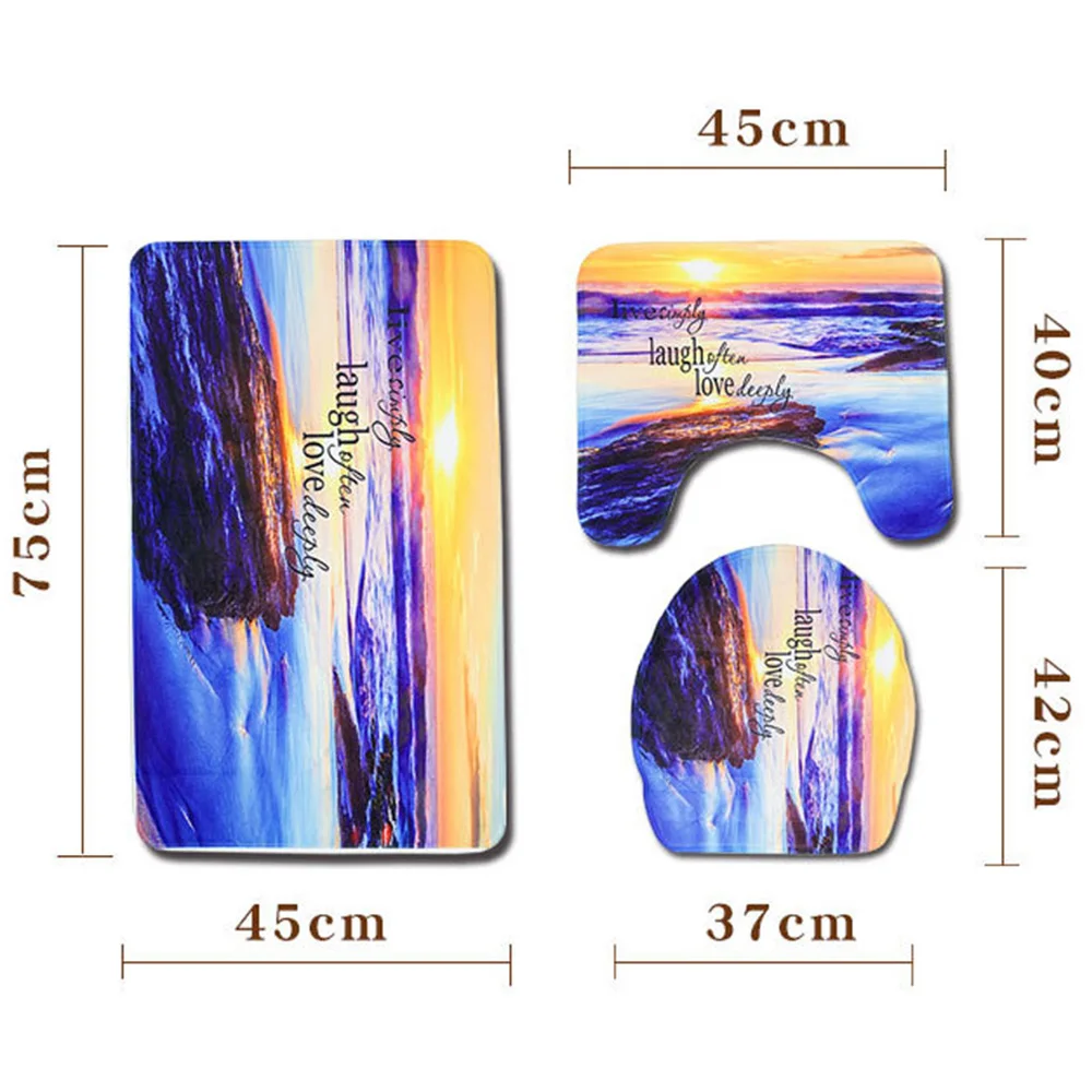 

3 Pieces Bath Rug Set Seaside Sunset Toilet Floor Contour Mat Toilet Lid Top Covers Non-Slip Bathroom Floor Mat