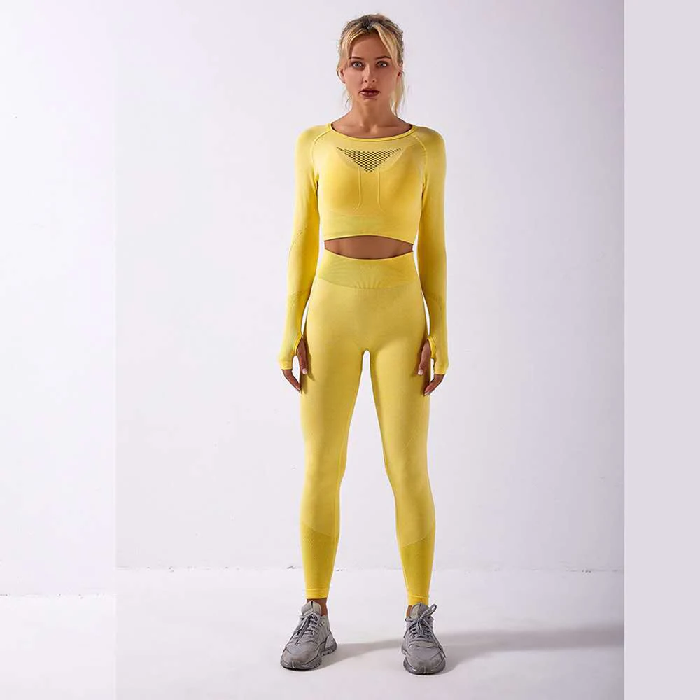 

Бесшовная одежда для фитнеса с длинным рукавом, спортивные бюстгальтеры, леггинсы для тренажерного зала, комплект для йоги, спортивная одеж...