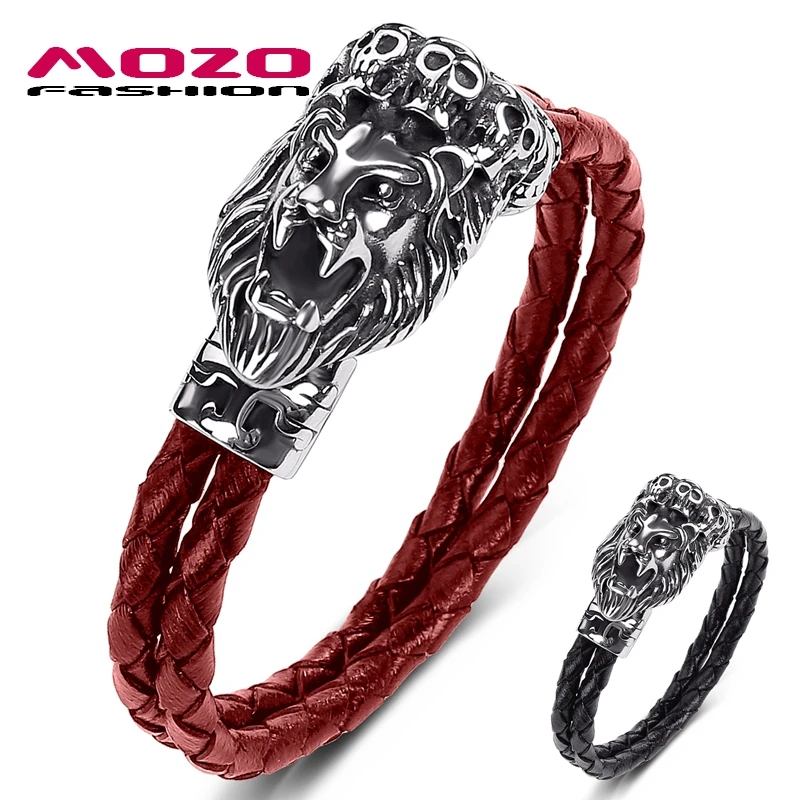 

MOZO Wholesale Bangles 2021 New Men Jewelry Leather High Quality Punk Crown Lion Charm Dropshipping Bracelets Gifts 542