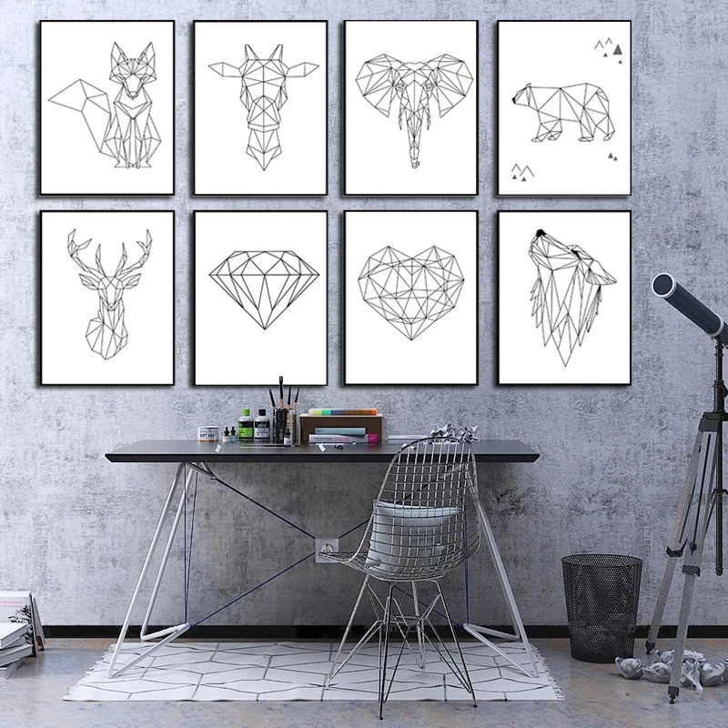 Минималистская черно-белая Геометрическая линия животных Олень Медведь волк