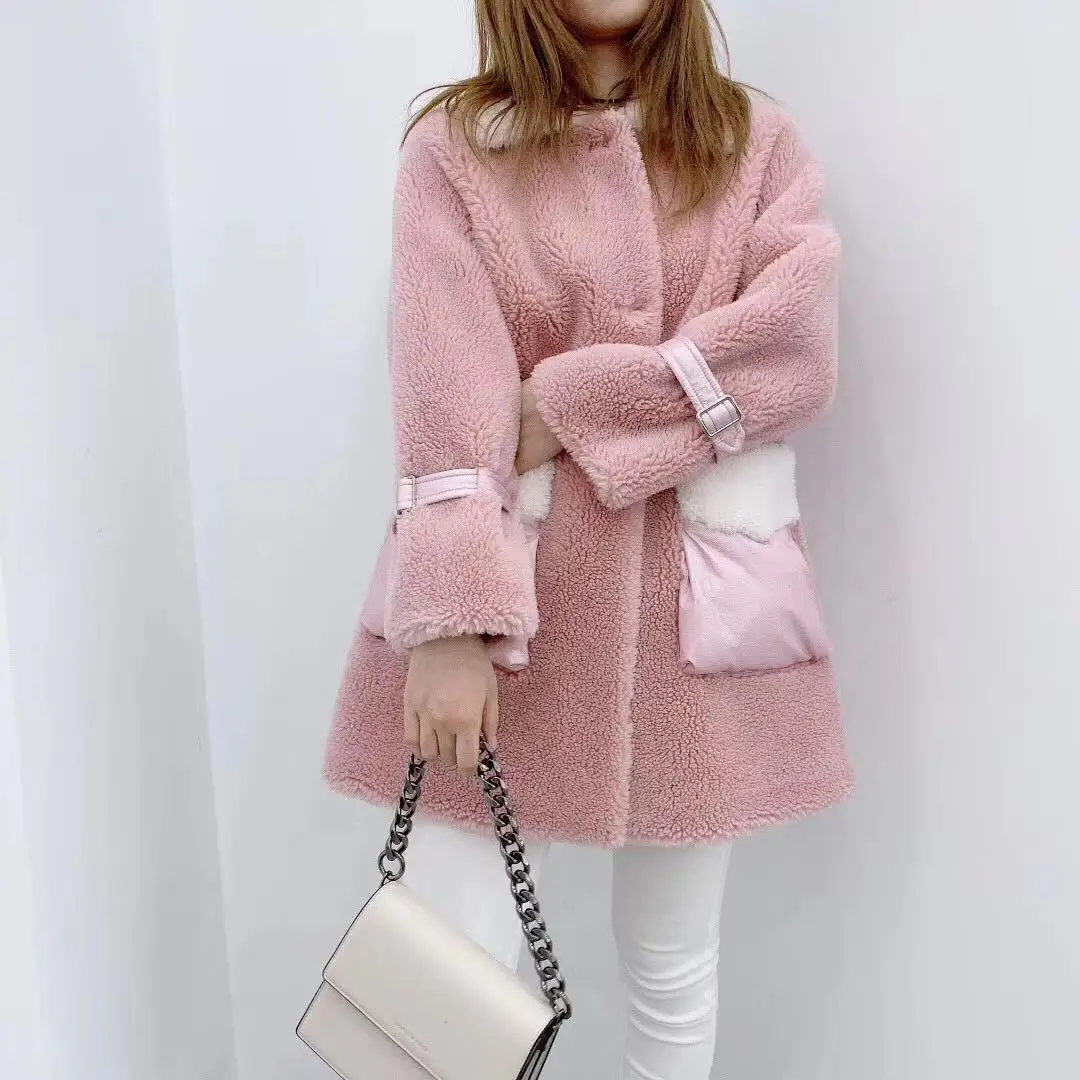 Женское пальто из овечьей овчины, пуховое пальто, женское лоскутное пальто из натуральной овечьей шерсти с искусственным мехом
