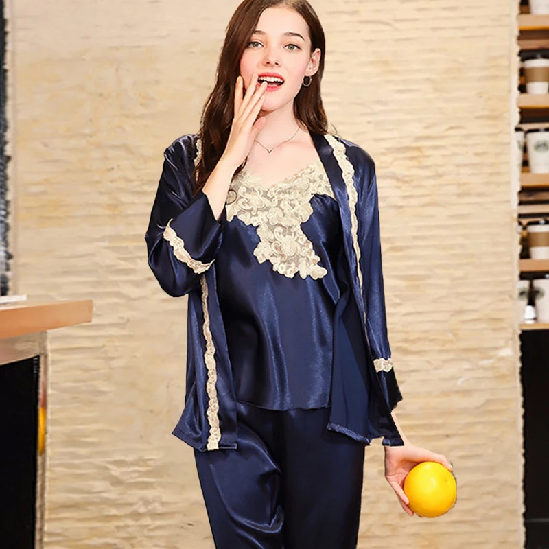 

Women's Pajamas Silk Nightgown Suits 2Pcs Long-Sleeved Pyjama Trousers Sleepwear Female Homewear Suit Nigthgown Spring/Autumn