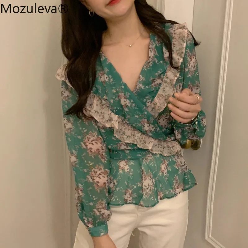 Женская шифоновая блузка с V-образным вырезом цветочным принтом | одежда