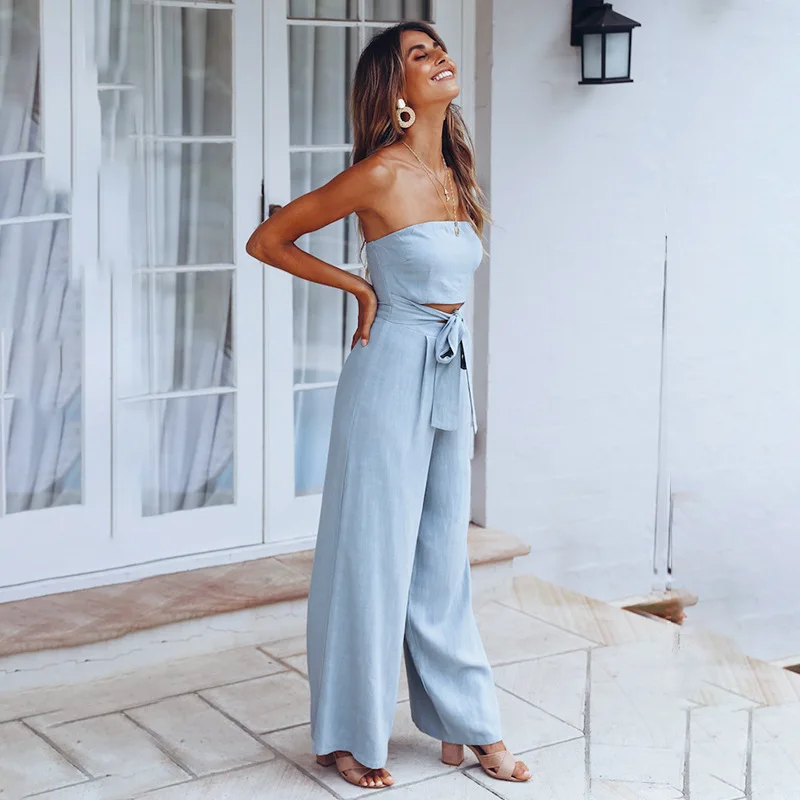 Женский укороченный комбинезон без бретелек однотонный длинный пляжный с