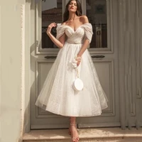 sparkle off shoulder tulle evening dress a line sashes v neck cap sleeves prom gown backless high quality tea length hot sale