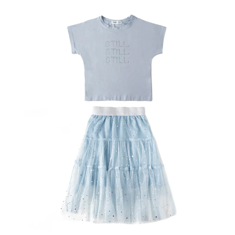 

Children Short Sleeve Girl Sets Summer Teenage Girls Sequined T-Shirt+Gauze Half Skirts Two-Piece Suits Blue Casual Kids Outfits