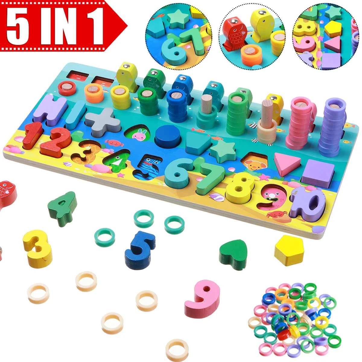

Toys for Toddlers 5 in 1 Wooden Number Puzzle Montessori Educational Toy Fishing Alphabet Logarithmic Board Matching Game Gifts