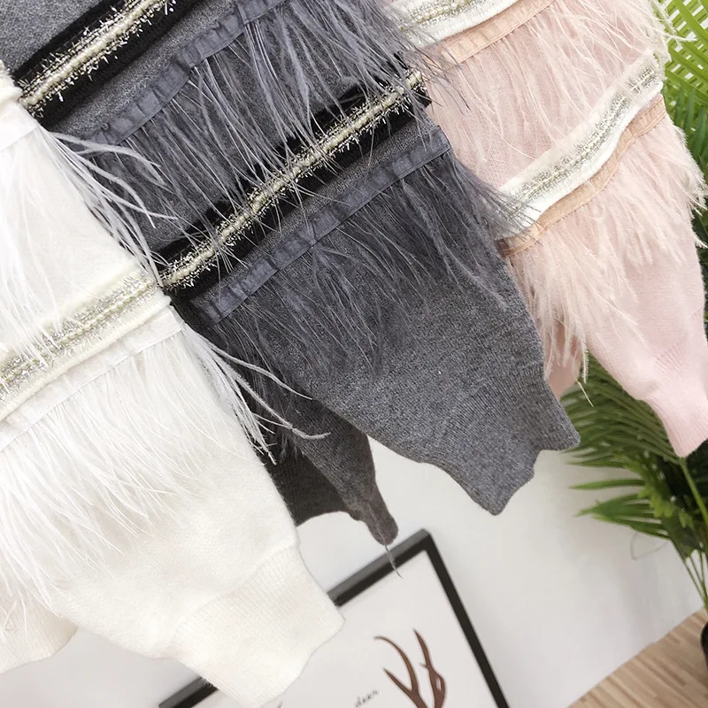 WHITNEY WANG Sweaters Autumn Winter Fashion Streetwear Feathers Patchwork Sweater Women Jumper sueter mujer invierno