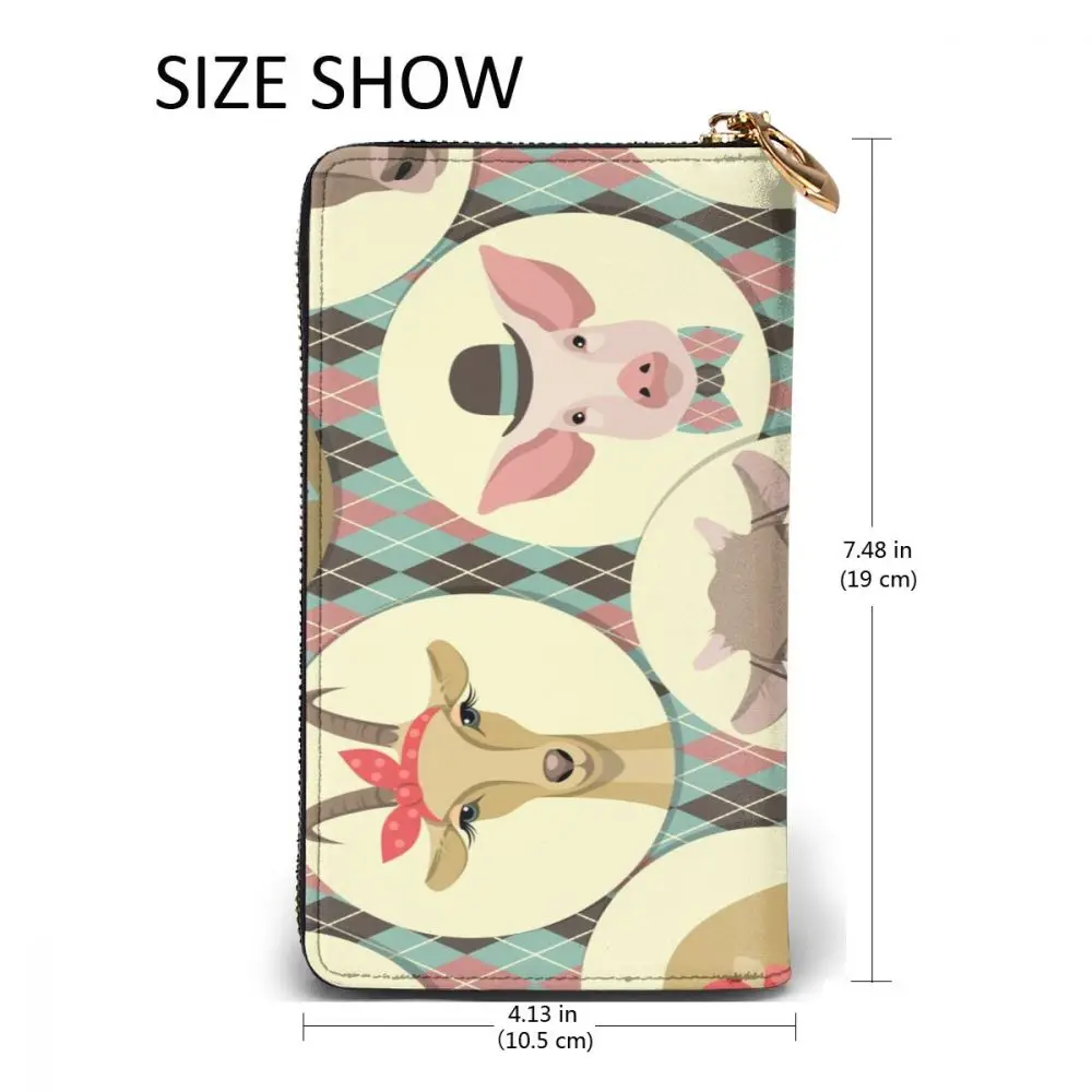 

Long Clutch Wallet Farm Animals Head Cartoon Large Capacity Leather Purse Zipper Pocket Card Holder for Woman Man