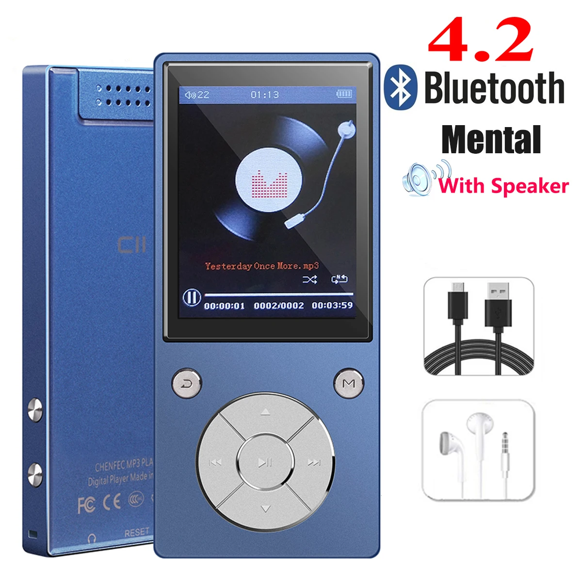 C11Blue mp3-плеер с шагомером, Bluetooth 4,2, встроенный динамик, металлический плейер с fm-радио, поддержка SD карты до 128 ГБ - Цвет: C11Blue