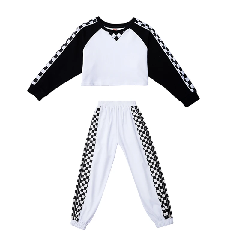 

2020 Hip Hop Dance Costumes For Girls White Long Sleeve Plaid Suit Jazz Clothing Street Dance Children Stage Outfits DQS3795