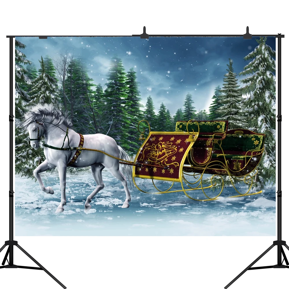 

Виниловый фон для фотосъемки с изображением зимнего снежного леса рождественской лошади саней