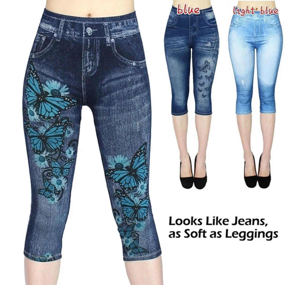 Женские джинсовые леггинсы капри джеггинсы с принтом в виде бабочек летние 3/4 |