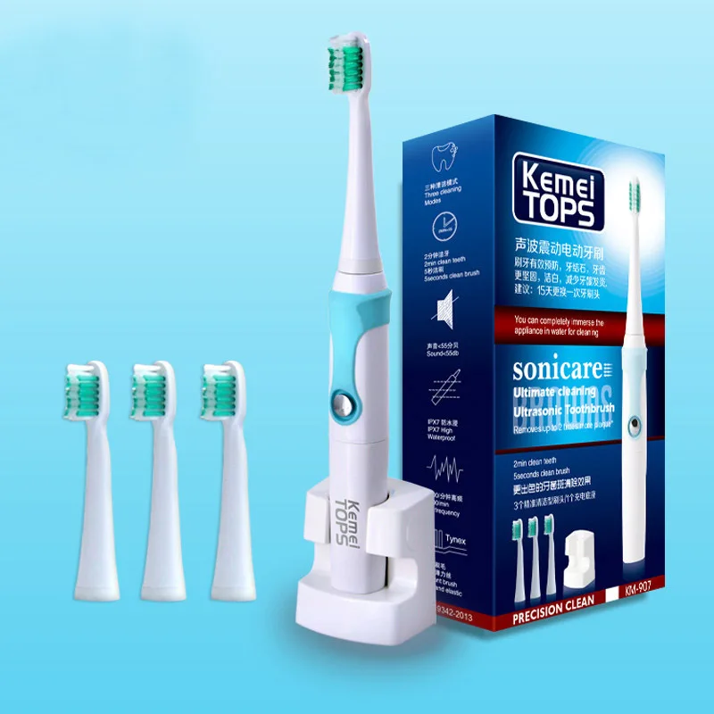 

KEMEI TOPS KM-907 Rechargeable Electric Toothbrush Ultrasonic Tooth Teeth Brush for Adults Child Sonic Escova with Replace Head
