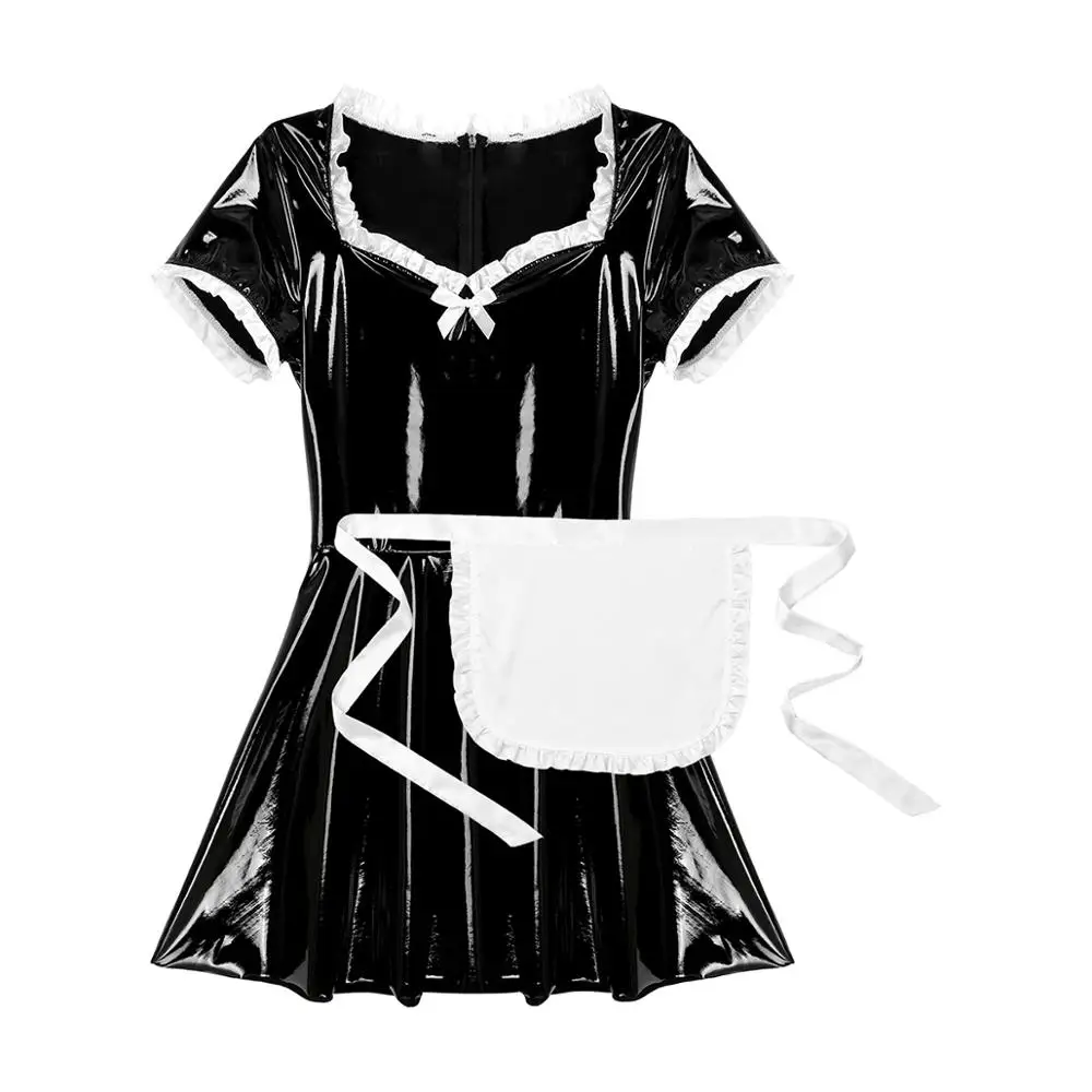 

Mens Sissy Babydoll French Maid Apron Dress Sexy Cosplay Maid Costumes Homme Gay Roleplay Wet Look Latex Leather Dress Clubwear