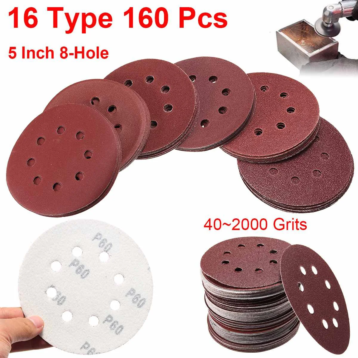 

160 Pcs 125mm Round Shape Sanding Discs Hook Loop Sanding Paper Buffing Sheet Sandpaper 8 Hole Sander Polishing Pad Sandpaper