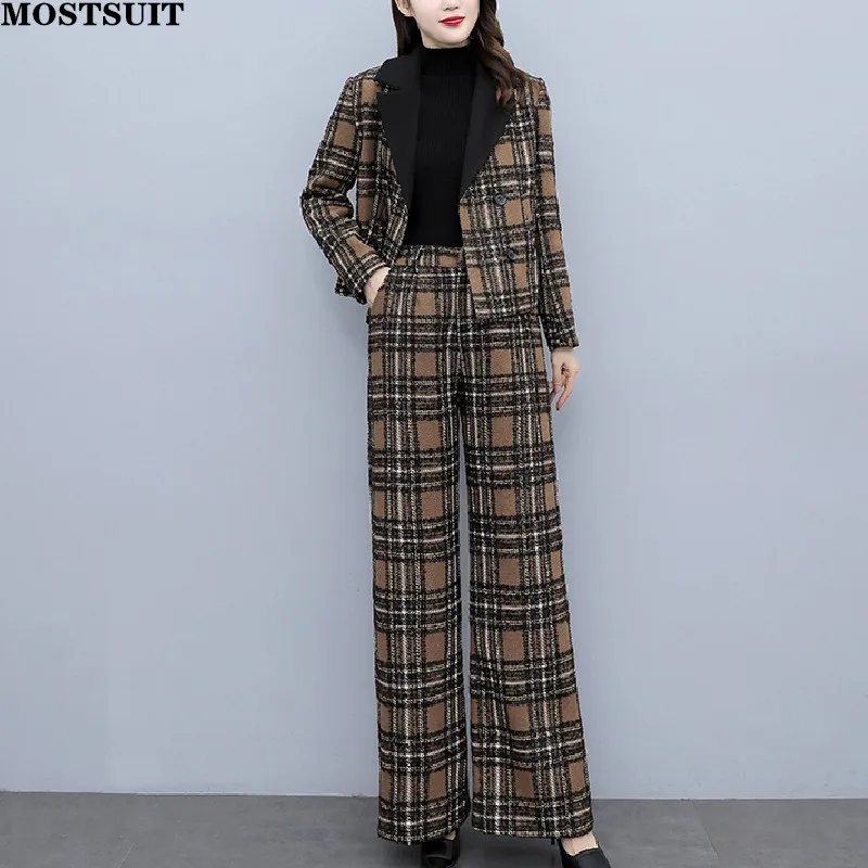 

Wool & Blended Plaid Pant Suits Sets Women Autumn Winter Double-breasted Jacket & Wide Leg Pants Elegant Fashion Workwear Sets