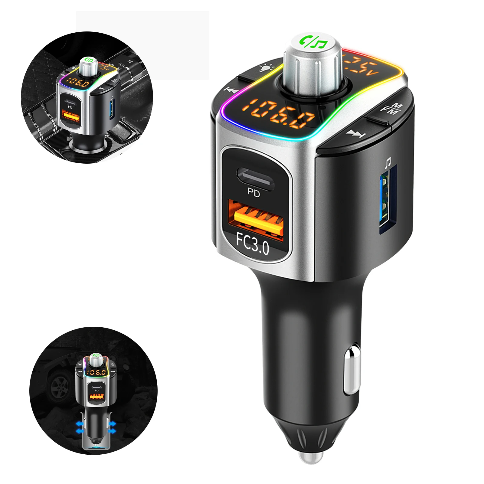 

Bluetooth 5.0 Car Adapter 12-24V Dual Display Digital Car Charger 15W QC/PD Fast Charging Wireless MP3 Player FM Transmitter