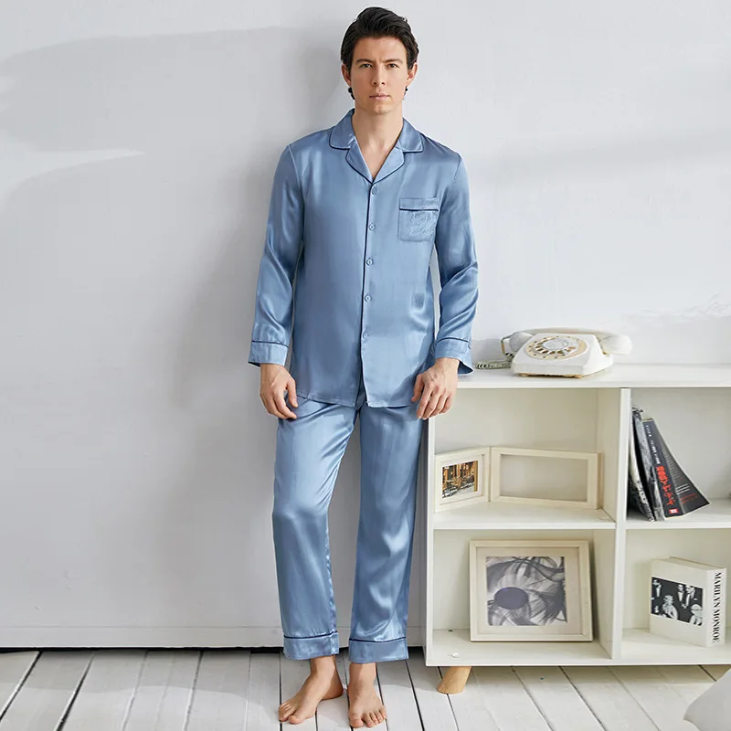 Letter Embroidery 100% Silk Pajamas Suit Men's Long Sleeve T-shirt&pants Turn Down Collar Sleepwear Sexy Loose Home Clothes Set