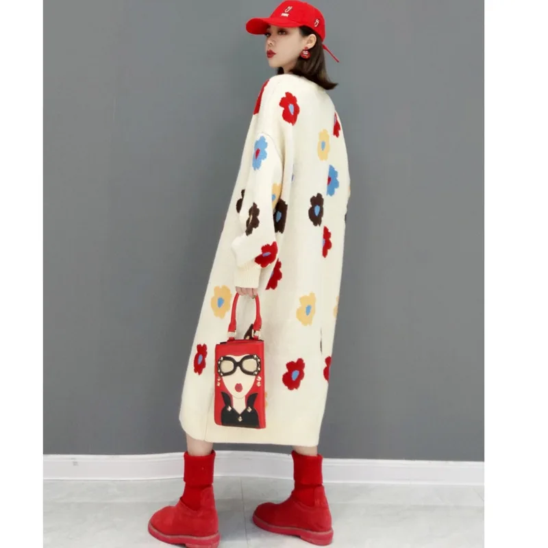 QING MO Fashion Printed Knitted Sweater Dress Women 2022 Spring Winter New Casual Pullover Over The Knee ZWL1509 | Женская одежда