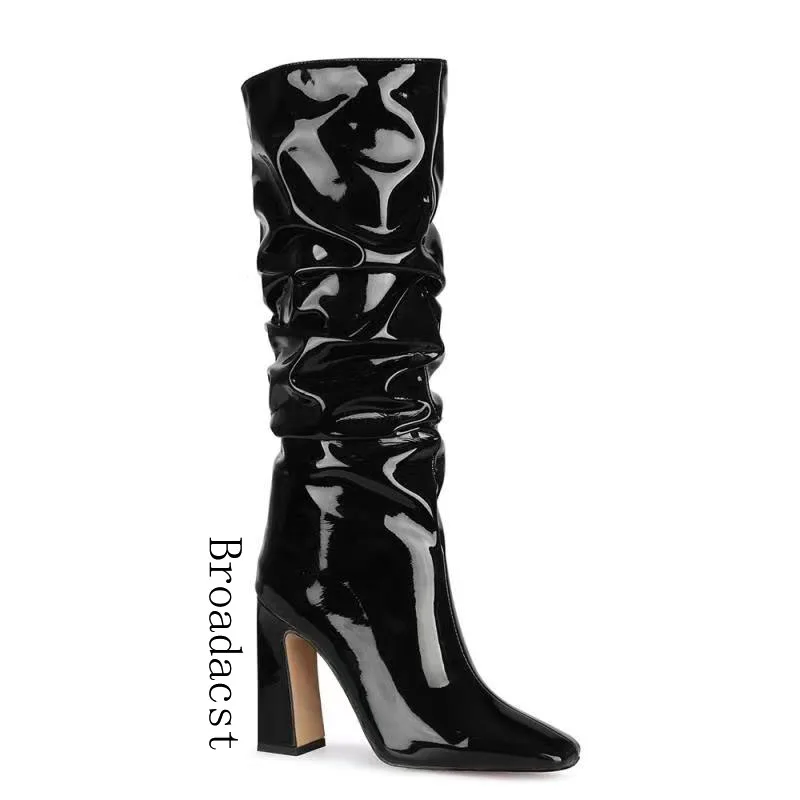 Broadcast  Autumn and Winter Womens Shoes 2021 New Fashion Fold Patent Leather Thick High Heels Square Toe Womens Boots