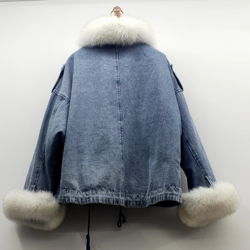 Winter loose thickening removable Rex rabbit hair liner cowboy parkas Natural Fox fur cuff collar female short coat Natural