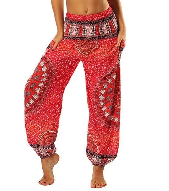 

CAIDA Summer Beach Bohemian Pants Women High Waist Harem Pants Plus Size Vintage Loose Print Bloomers Floral Trousers Women