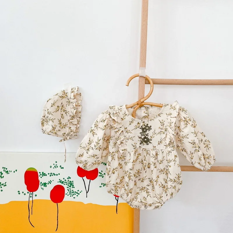 Monos de manga larga con bordado Floral para ni&ntilde;as peque&ntilde;as, mono con cuello redondo y gorro, ropa de beb&eacute; E2009, color amarillo, novedad de Oto&ntilde;o de 2021-1