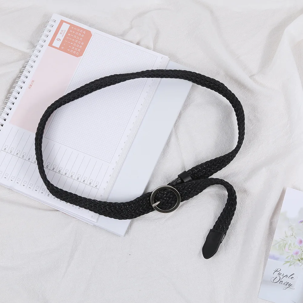 

Autumn And Winter Fashion Ladies Alloy Round Pin Buckle Wax Rope Woven Simple Jeans Decorative Belt