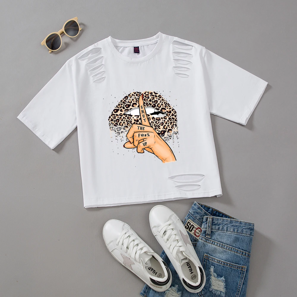 

Y2K летняя Модная рубашка, кроп-топ с принтом губ, леопардовая футболка с графическим рисунком, женские топы, базовые черные футболки с круглым вырезом, футболка для девочек с поцелующимися леопардовыми губами