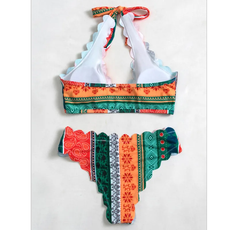 

Printed Color Ripple High Waist Sexy Bikini Sports Suit Stretch Split Beach Volleyball V-Neck Strapless Ladies Swimsuit 2021Hot