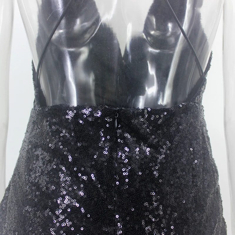 DRESSMECB Летние черные блесток Сексуальная Bodycon Платье Для женщин с низким вырезом на спине для ночного клуба вечерние платье блестящие Элегантные мини платье Vestidos