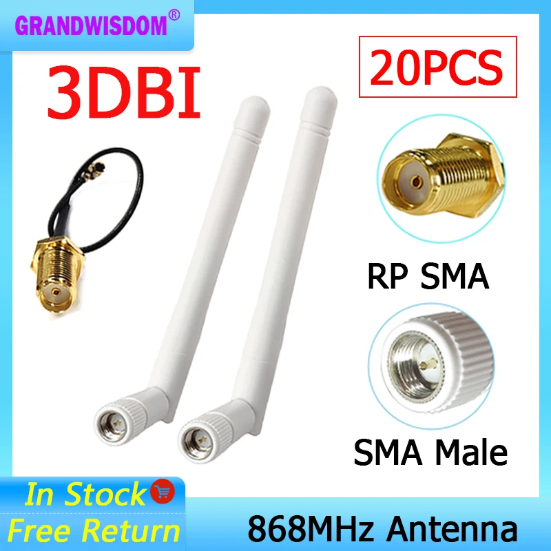 

GRANDWISDOM 20pcs 868mhz antenna 3dbi sma male 915mhz lora antene module lorawan ipex 1 SMA female pigtail Extension Cable