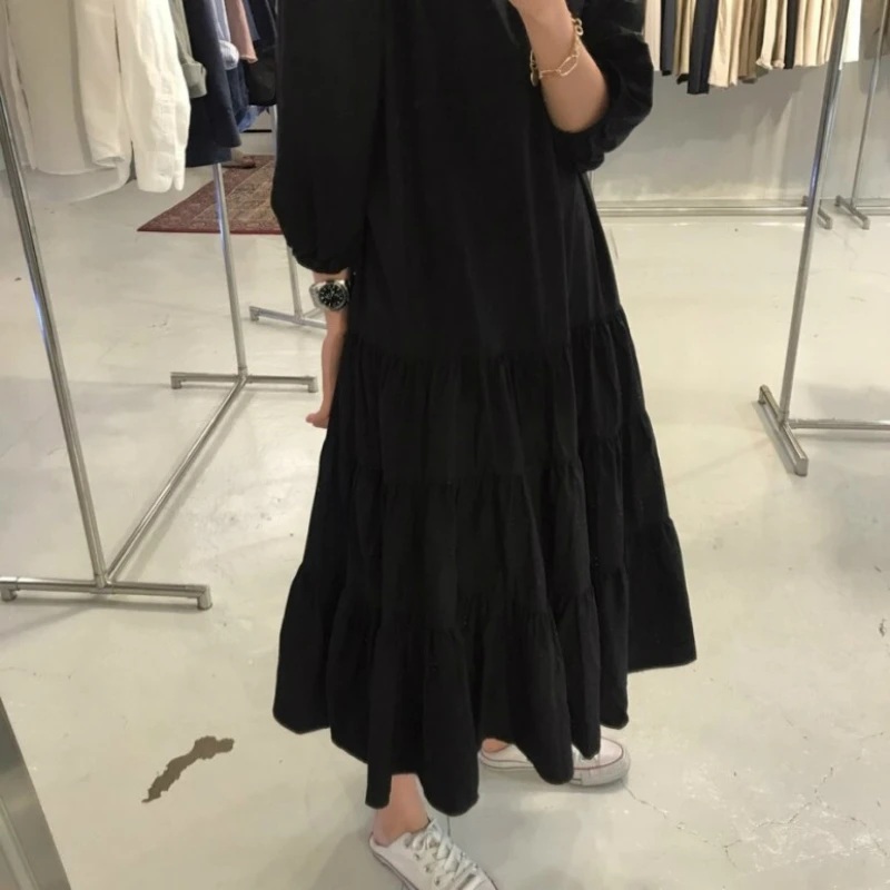 

Korea Women Sping Long Plaid Ruffle Cake Dress Female Long Sleeve Round Collar Vintage Loose Waist Pullover Dresses