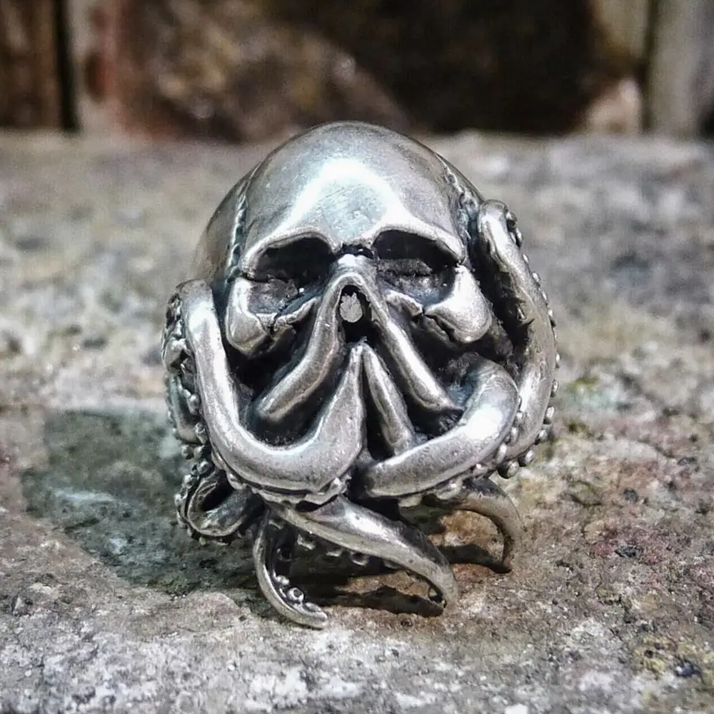 EYHIMD Goth Octopus Skull Ring Punk 316L Stainless Steel Seaman Rings Men Biker Jewelry Gift for Sailor