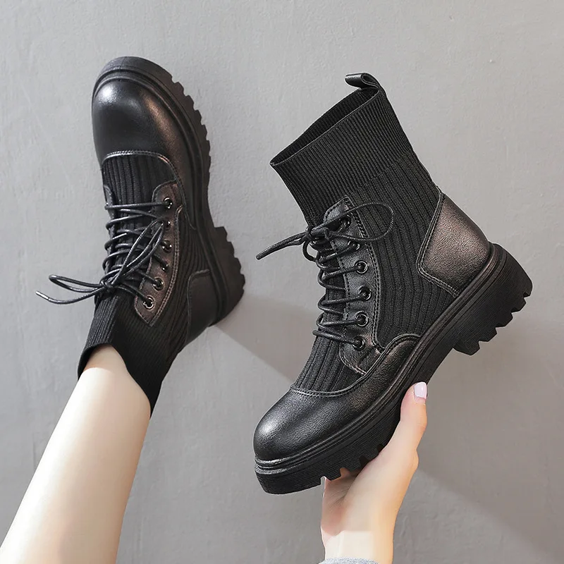 

Womenboots Knight Boots Middle Tube Solid Color Knitting Breathable PU Round Shape Waterproof and Nonslip Keep Warm