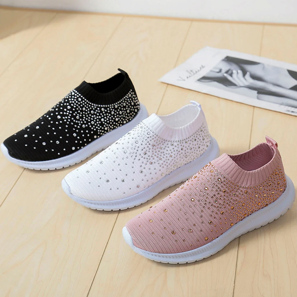 Женские кроссовки без застежки повседневные блестящие носки прогулочная обувь