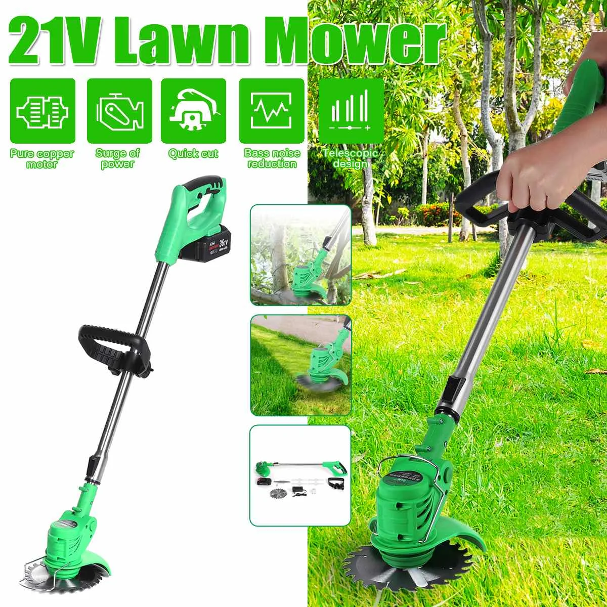 

650W 2000mah Rechargeable Wireless Grass Trimmer 21V Adjustable Electric Garden Push Lawnmower 1Battery 1Charger Lawn Mower