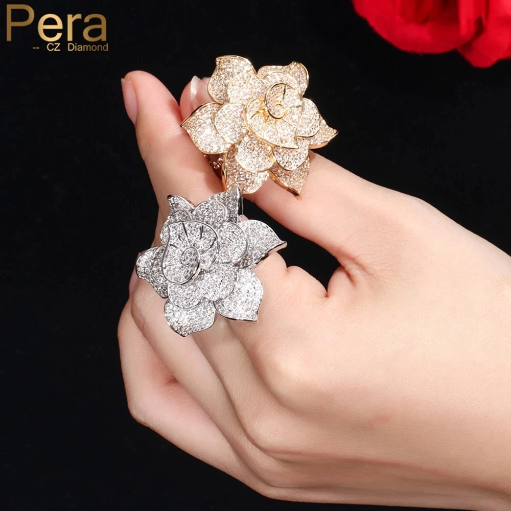 Pera Luxury Big Statement Leaf Cluster Shape for Women Wedding Cubic Zirconia Yellow Gold Bridal Finger Rings Jewelry Gift R091