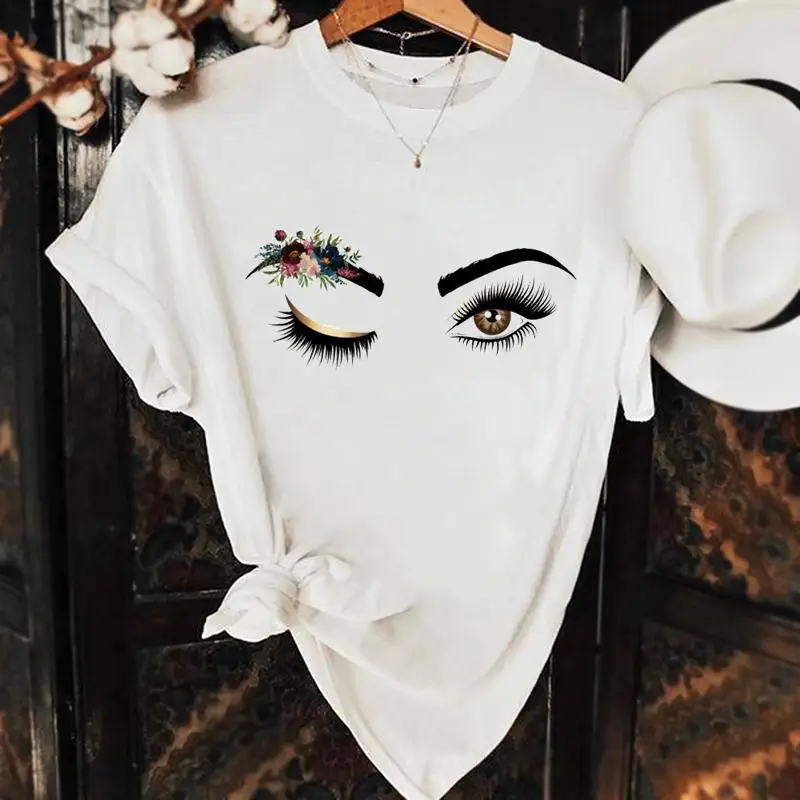 

Women Fashion Flower Eyelashes Eye Lashes Casual Tshirt Top Clothes Clothing Female Summer Short Sleeve Graphic Tee T-shirt