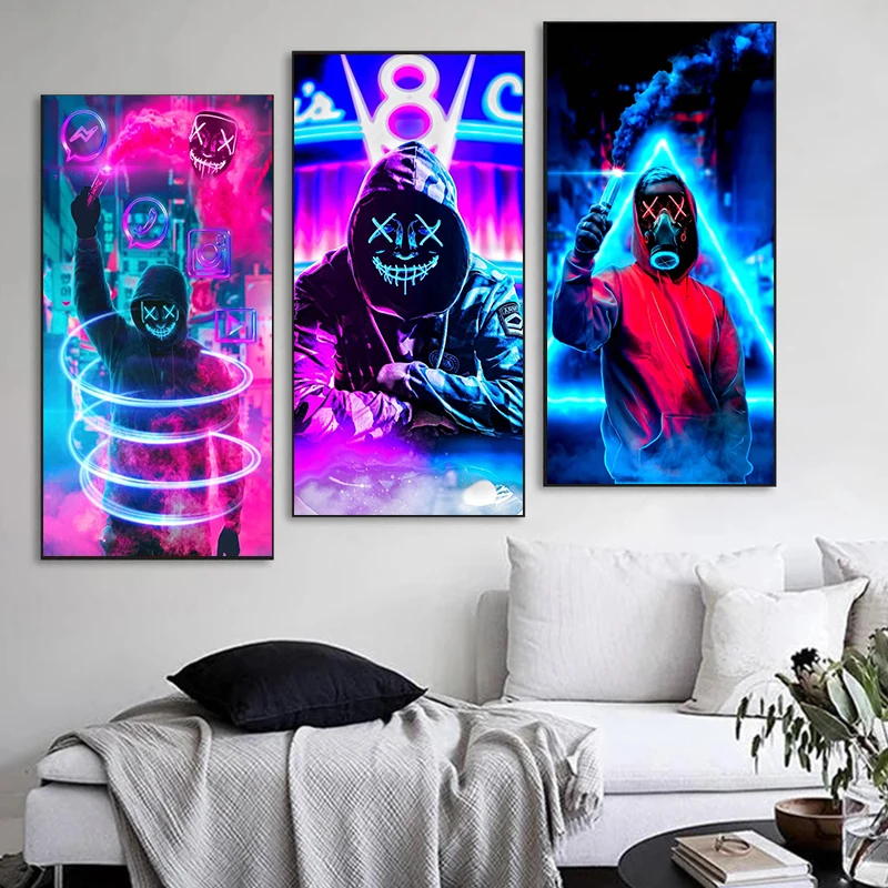 

Abstract Neon Hoodie Devil Canvas Painting Wall Art Joker Colorful Posters And Prints For Living Room Bedroom Modern Home Decor