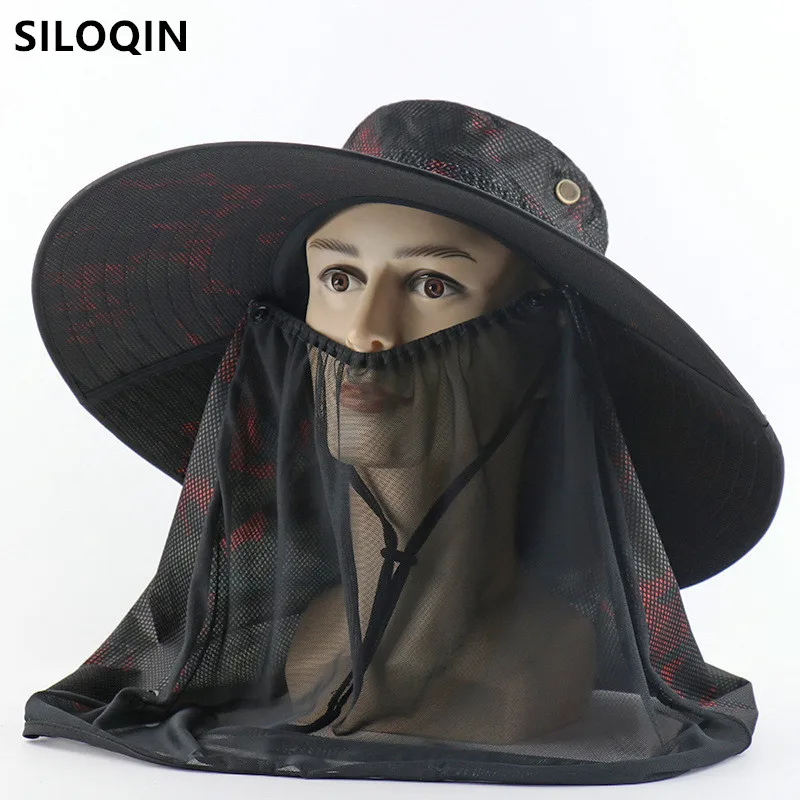 

SILOQIN New Summer Men's Panama Bucket Hat Mesh Breathable Camouflage Cap Women's Oversized Brim Shawl Anti-mosquito Beach Hats