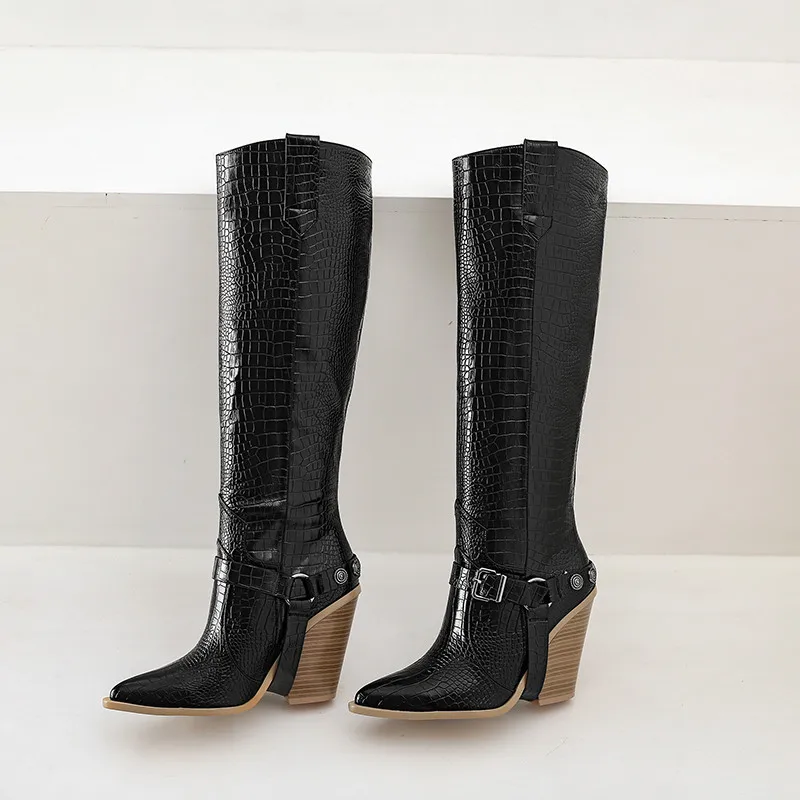 Женские сапоги до колена с острым носком и пряжкой большие размеры | Обувь
