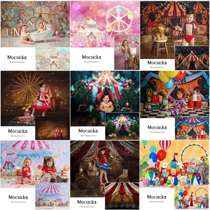 Цирковая тематика фон для дня рождения розовый шатер слон медведь морской лев фон для фотографии День рождения украшение Баннер